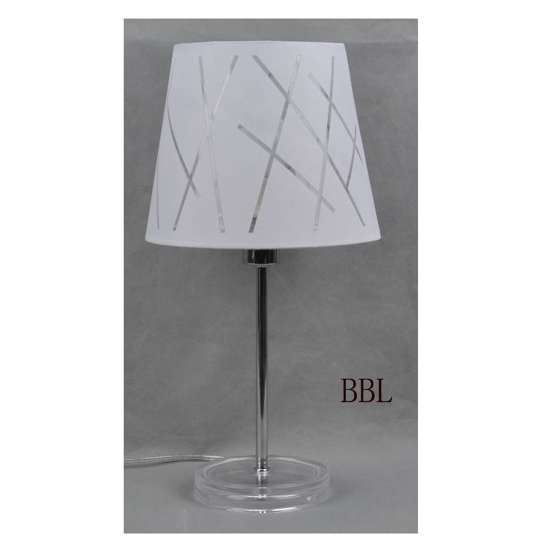 Stolní lampa s látkovým odstínem a průhlednou akrylovou podložkou